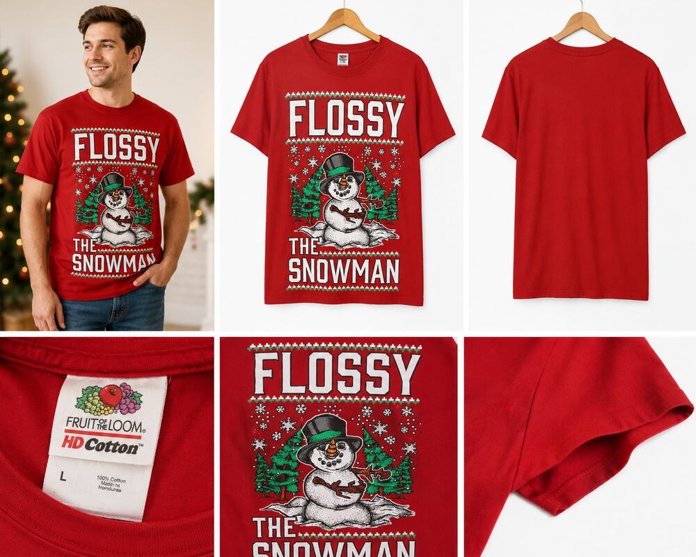 Flossy the Snowman Funny Christmas T-Shirt – Red – Size Large